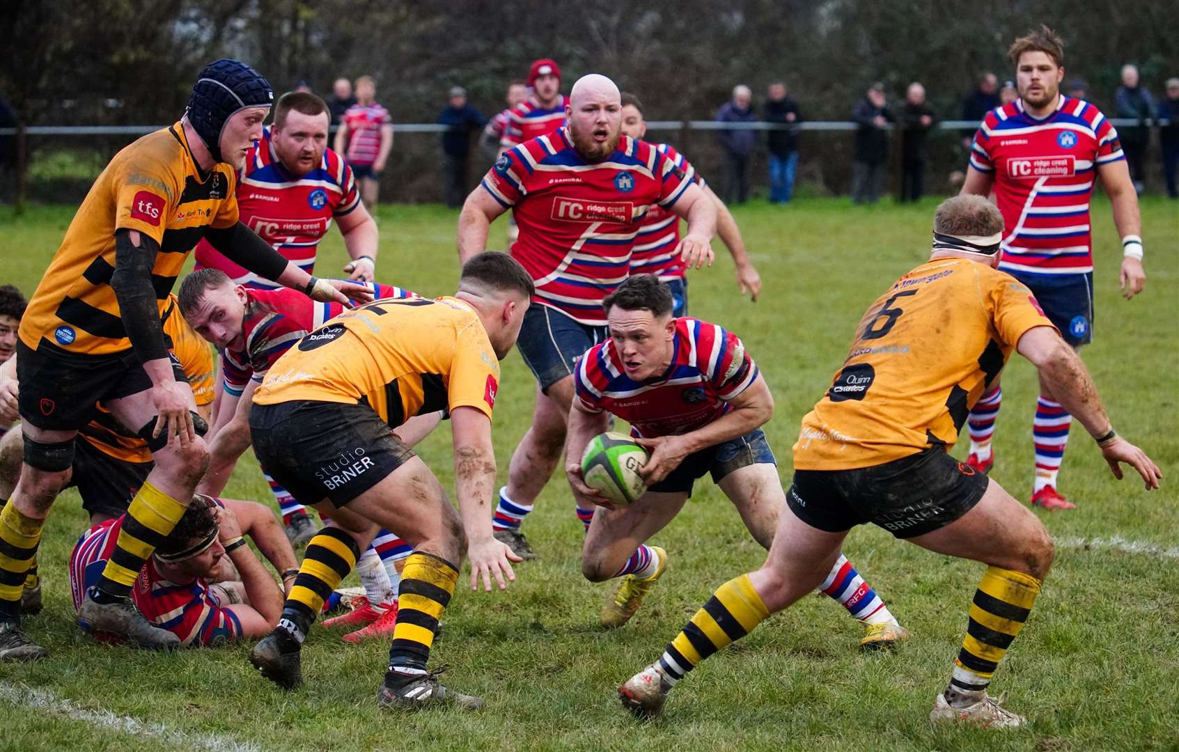 Canterbury close in on Tonbridge Juddians' Matt Walsh. Picture: Adam Hookway