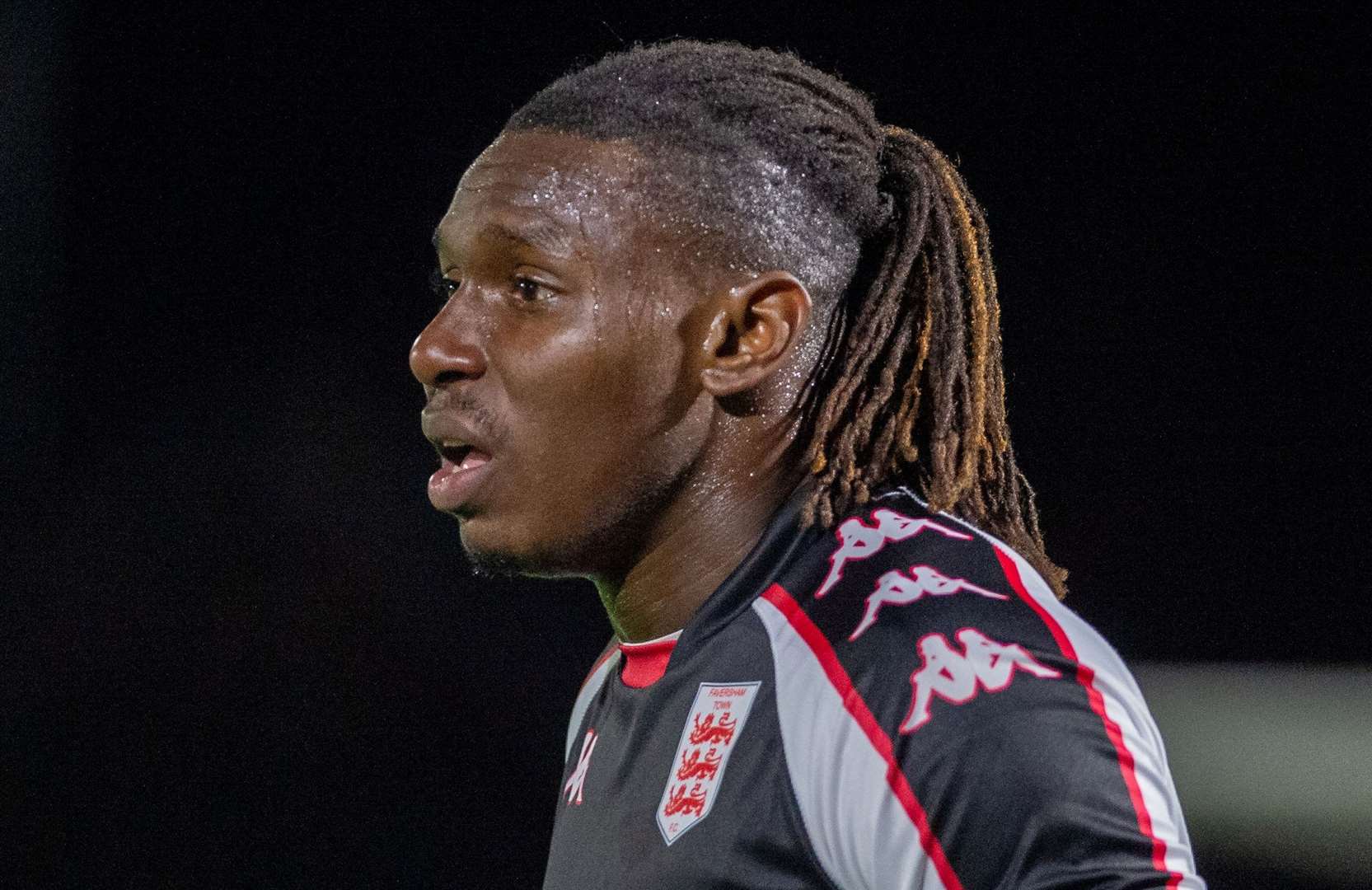 Jefferson Aibangbee – sustained a broken fibula in Faversham’s Challenge Cup 3-1 win against Lydd on Tuesday. Picture: Ian Scammell