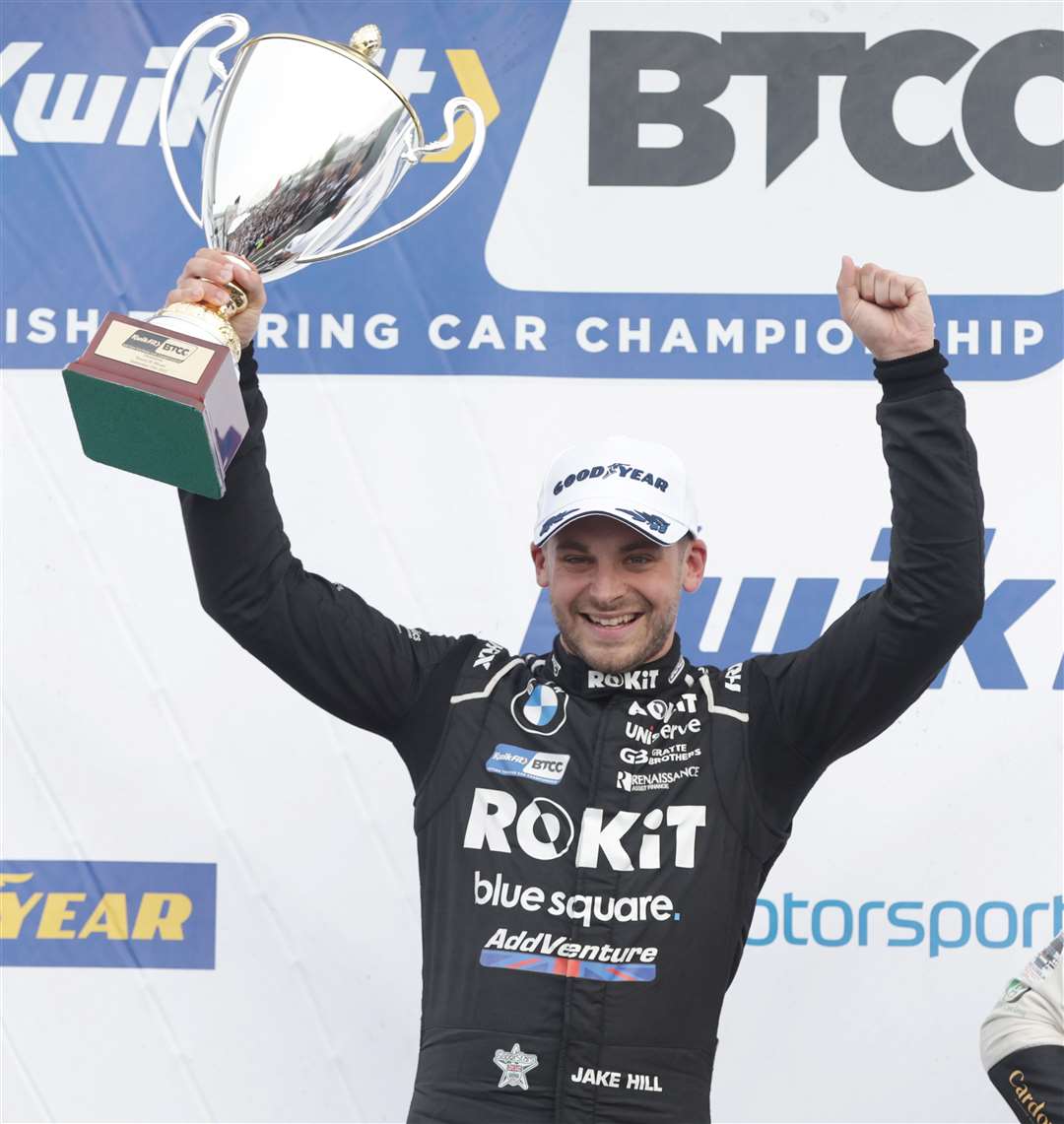 Jake Hill celebrates his win in race two during the British Touring Car Championship at Silverstone. Picture: Jakob Ebrey Photography