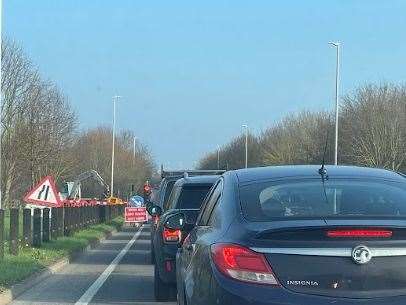 Traffic leading up to temporary traffic lights in Staplehurst Road, Sittingbourne