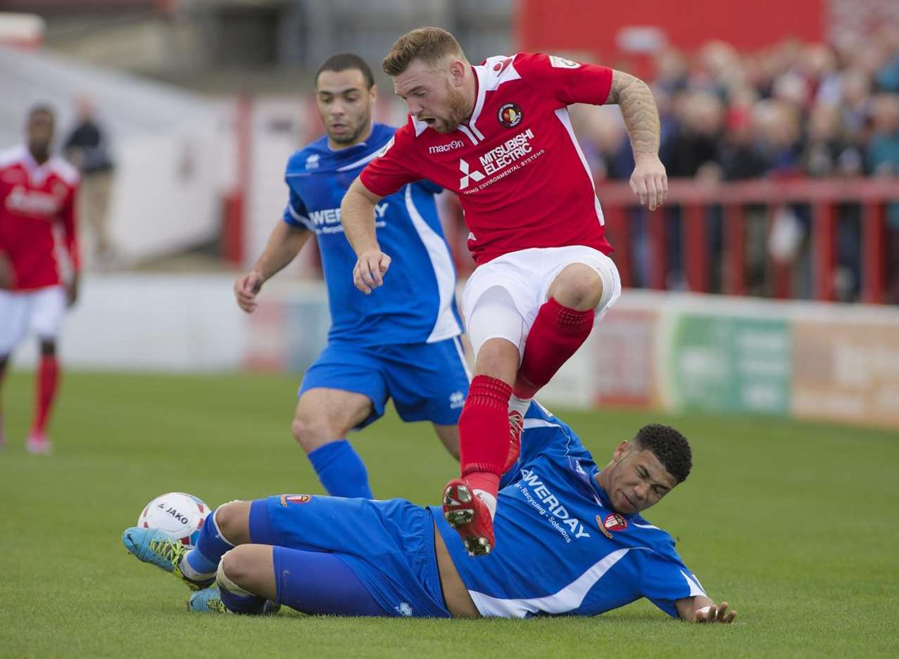 Ebbsfleet's Billy Bricknell stopped in his tracks against Hayes & Yeading Picture: Andy Payton