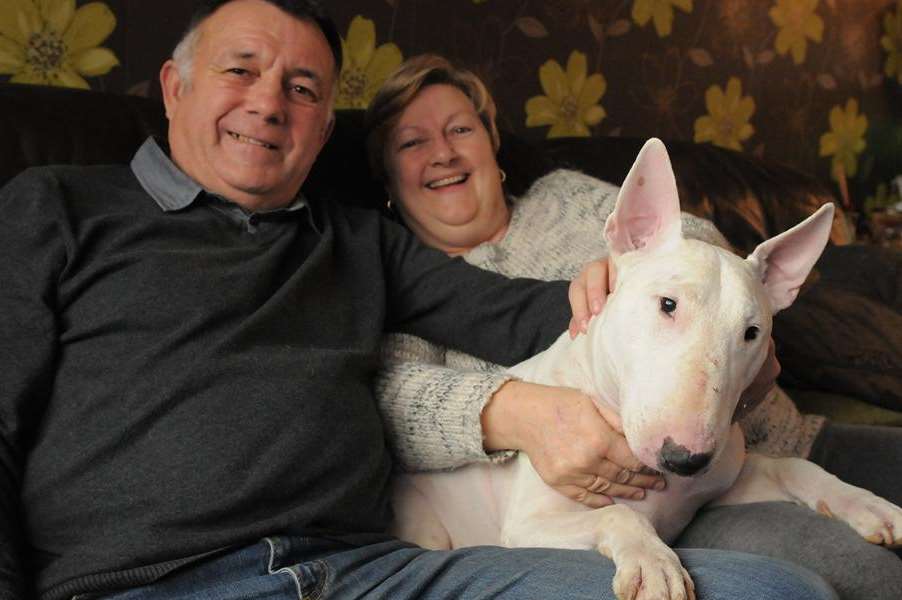 Bob and Philippa Sands with Dodger, who swallowed a corn on the cob