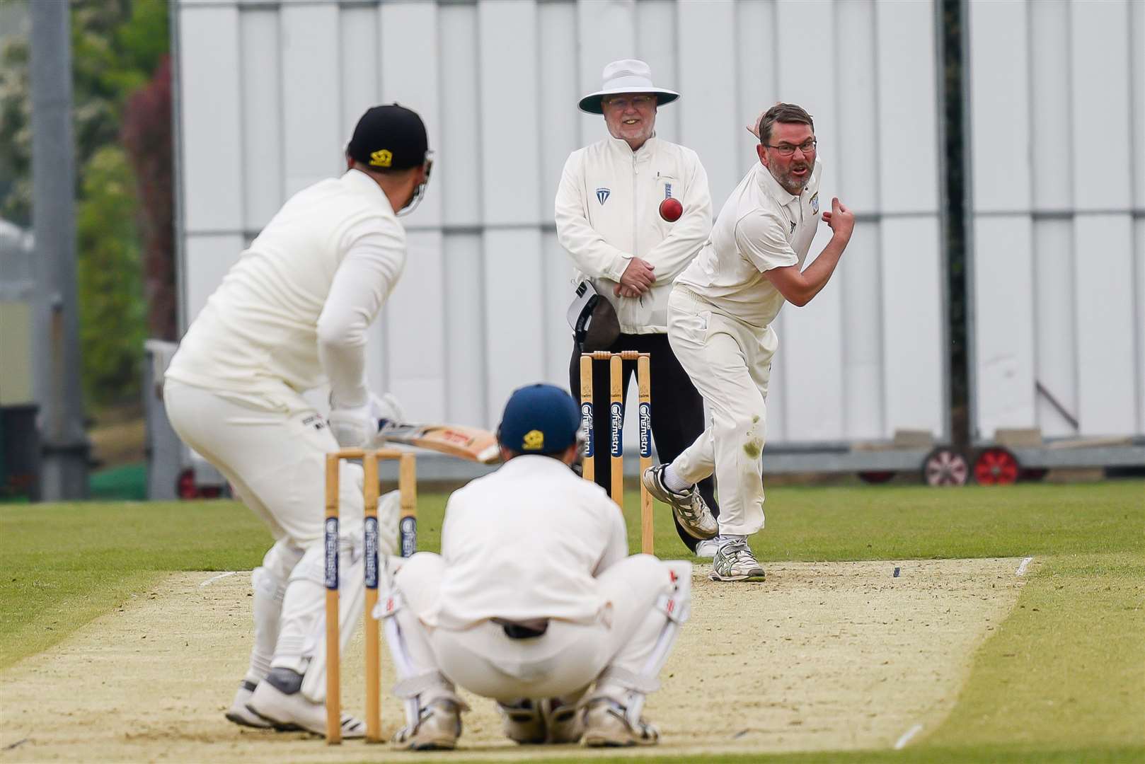 Canterbury's Ben Cooper bowls to HSBC's Mathew Abbett. Canterbury vs. HSBC. Picture: Alan Langley