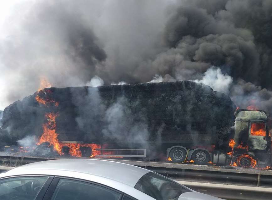 The lorry on fire on the M2. Picture: Ryan Donnelly