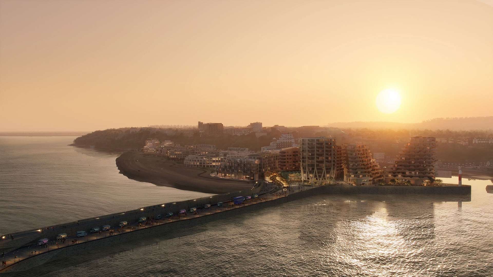 A new image showing the proposed Folkestone seafront development – stretching from the already-built Shoreline Crescent flats on the left, to the tower blocks on the harbour arm car park on the right