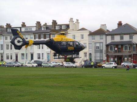 Essex Police helicopter at Walmer Green as part of a major search operation by the emergency services to find a vulnerable 20-year-old, who went missing from her north Deal home on Thursday evening