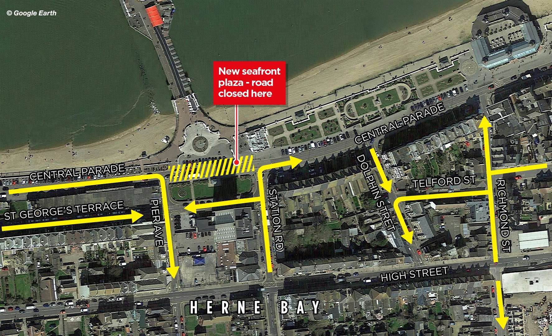 A graphic showing the new one-way system in Herne Bay and the recently-installed Central Parade plaza