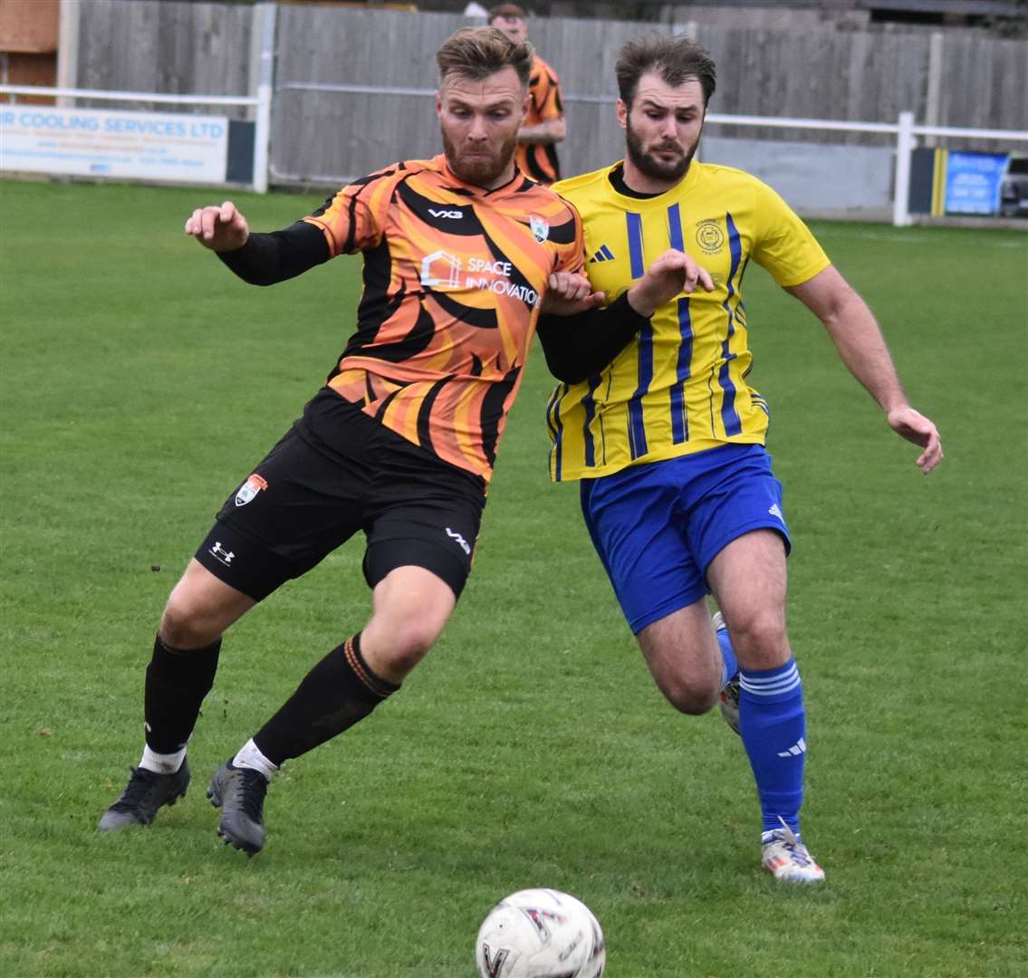 Lordswood’s Ashley Sains tussles for the ball against Stansfeld. Picture: Alan Coomes