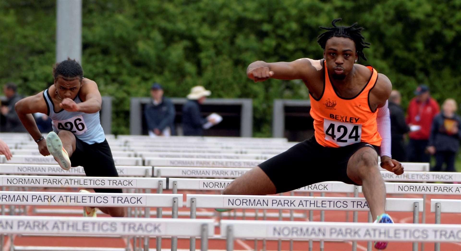 No.424 Daniel Goriola of Bexley AC on his way to victory in the under-20 men’s 110m hurdles final. Picture: Barry Goodwin