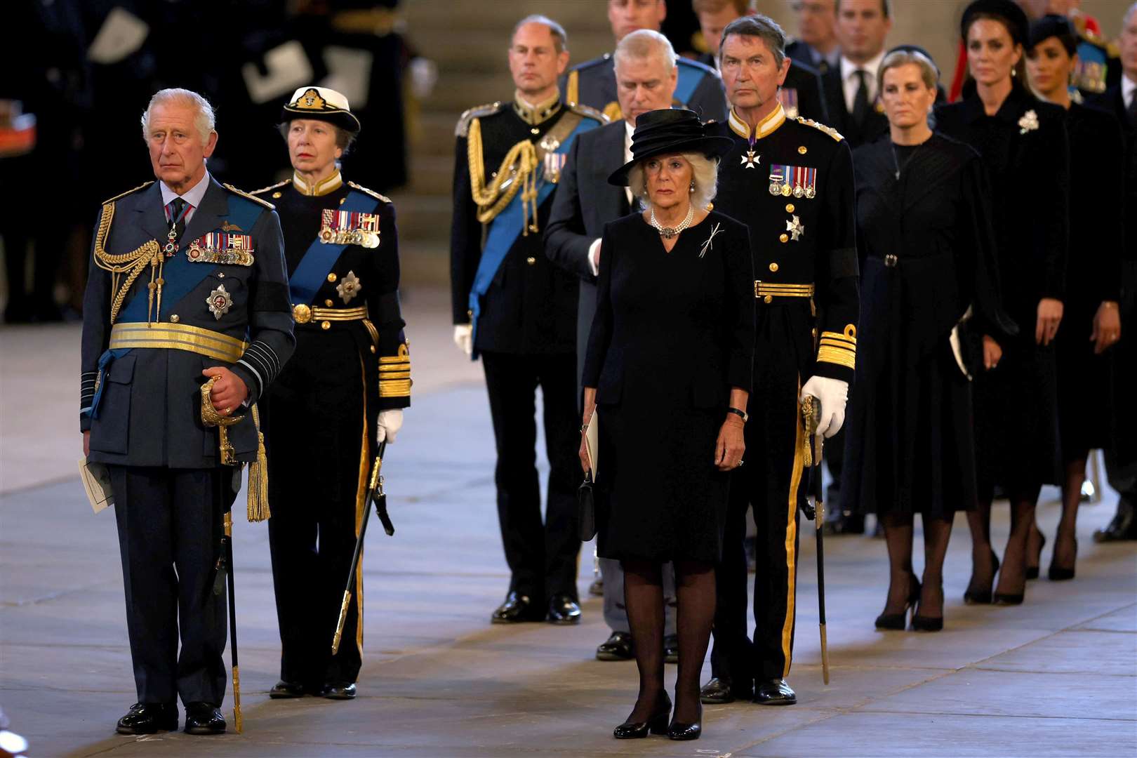 The King and Queen – who had a broken toe at the time – at Elizabeth II’s lying in state (Dan Kitwood/PA)