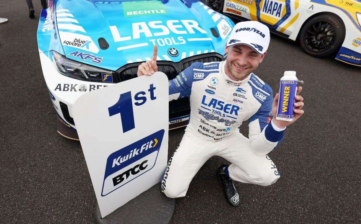 Jake Hill celebrates at Thruxton. Picture: Jakob Ebrey/BMW