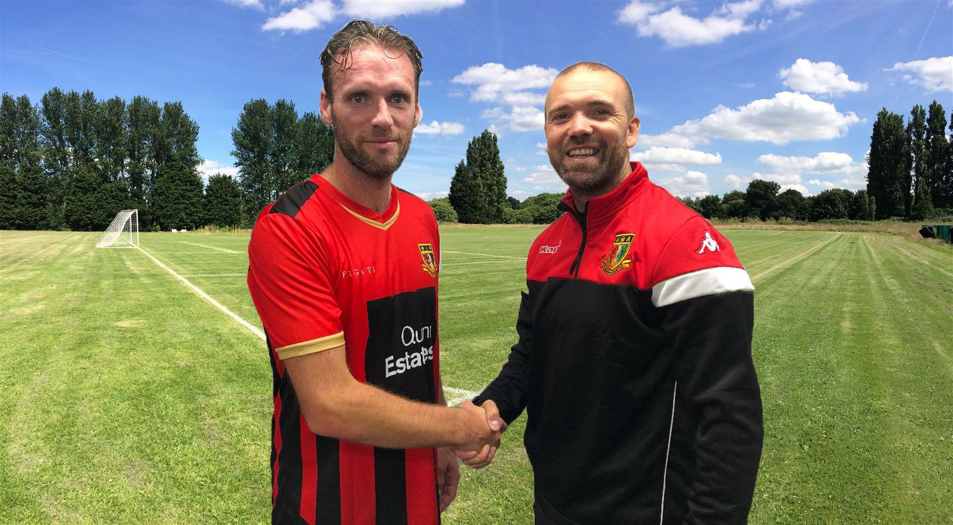 Sittingbourne manager Darren Blackburn welcomes Andy Drury back to the club Picture: Ken Medwyn (42164225)