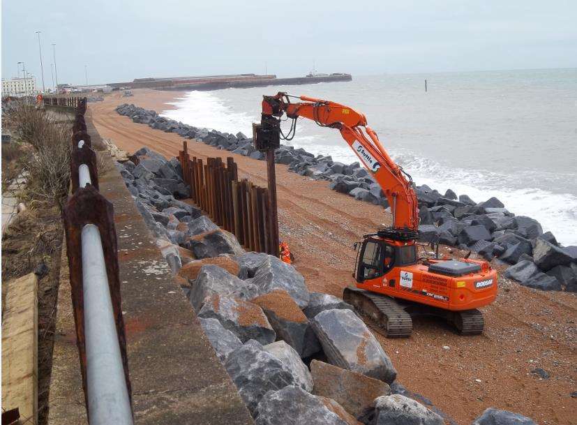 Rail repair works to Dover sea wall at Shakespeare Beach