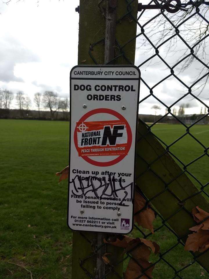 A sticker adorns a sign by a park popular with children. Picture: Allen Tullett (7527055)