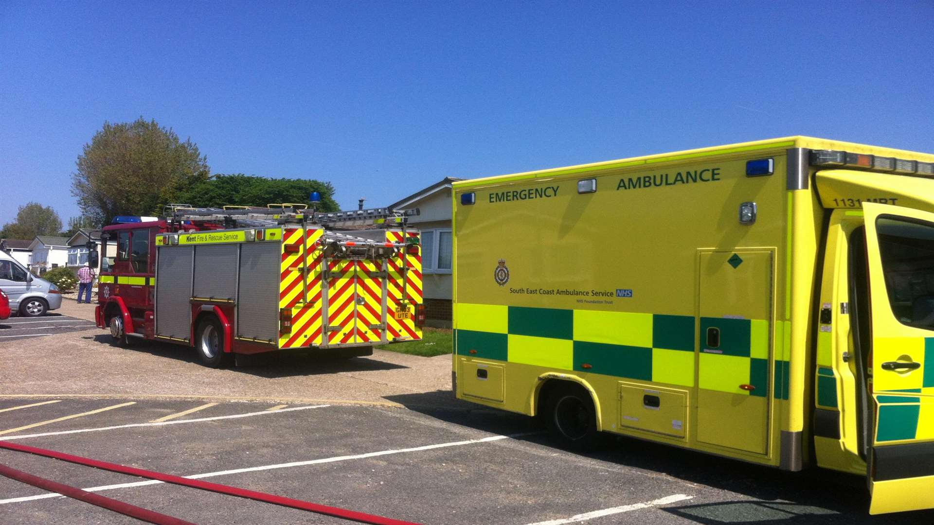 Fire crews and an ambulance at the caravan park.