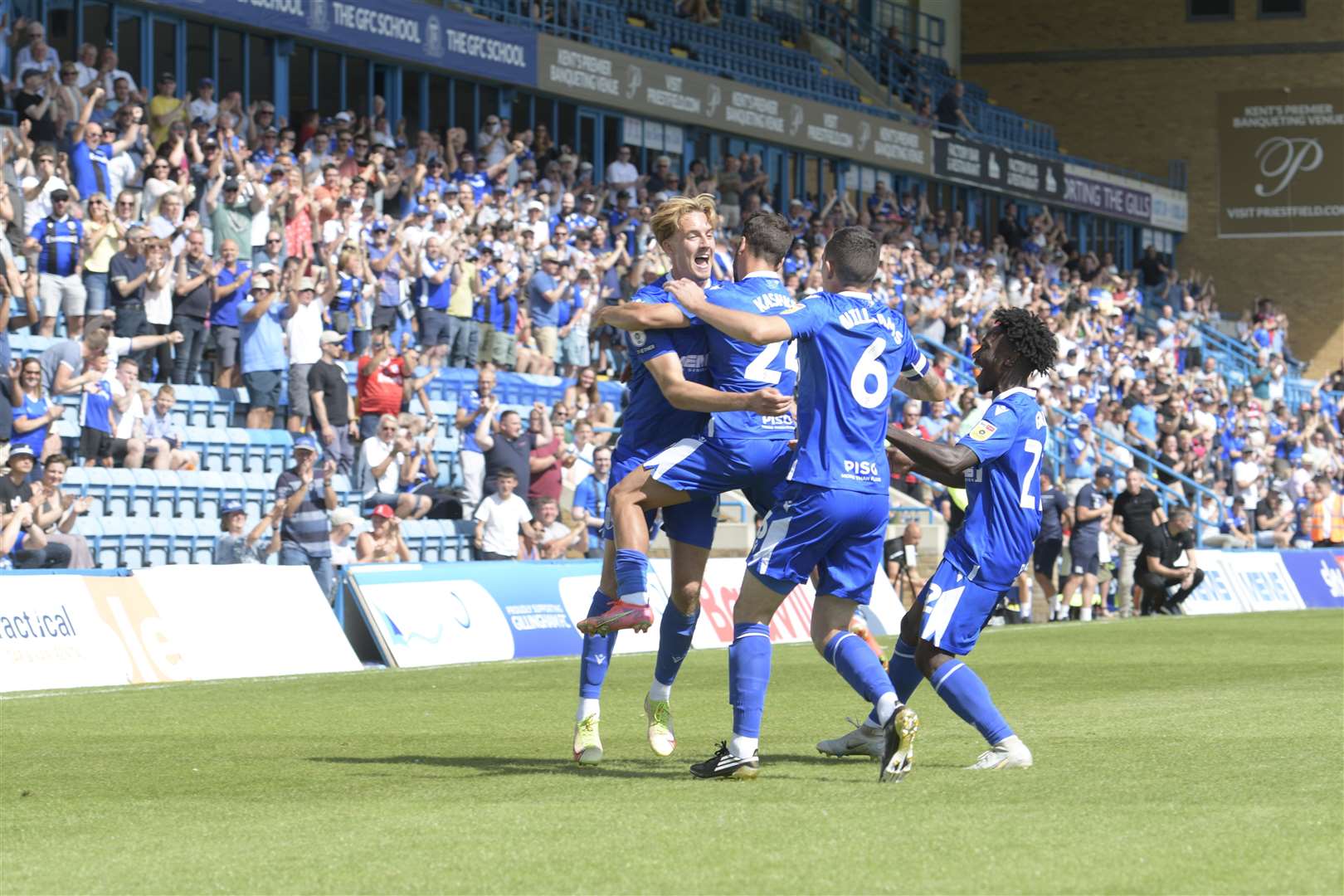 Gillingham celebrate their opener against Rochdale Picture: Barry Goodwin (58481580)