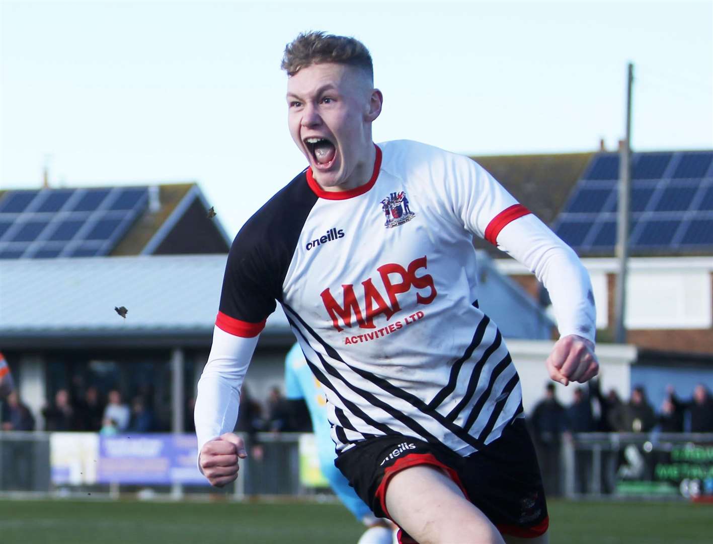 Deal defender Alex Green celebrates his goal which makes it 4-1 to the Hoops during their crucial 4-2 Southern Counties East Premier Division victory at home to Glebe on Saturday. Picture: Paul Willmott