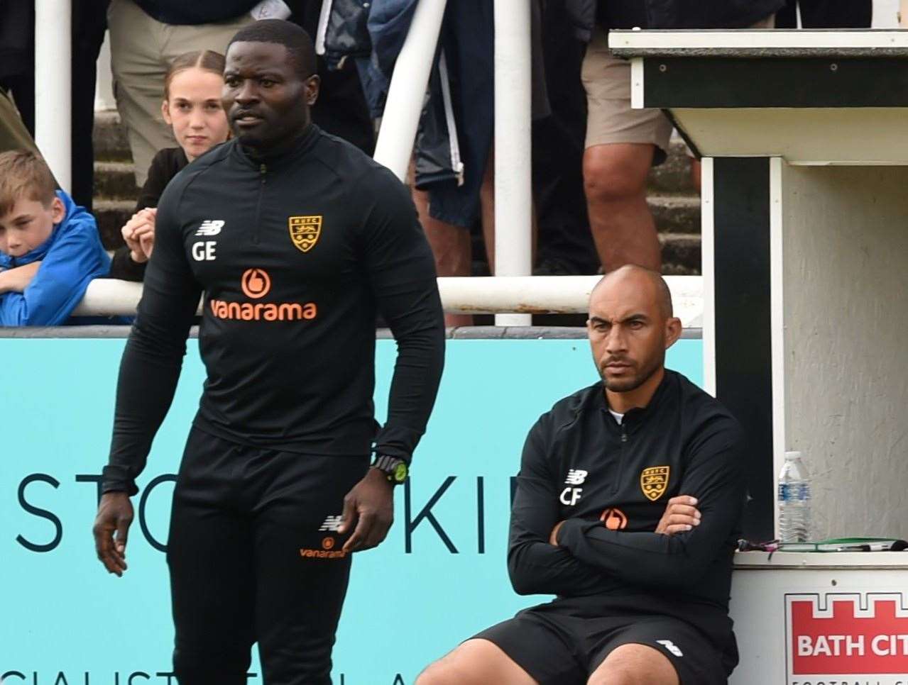 Maidstone United manager George Elokobi with assistant boss Craig Fagan. Picture: Steve Terrell