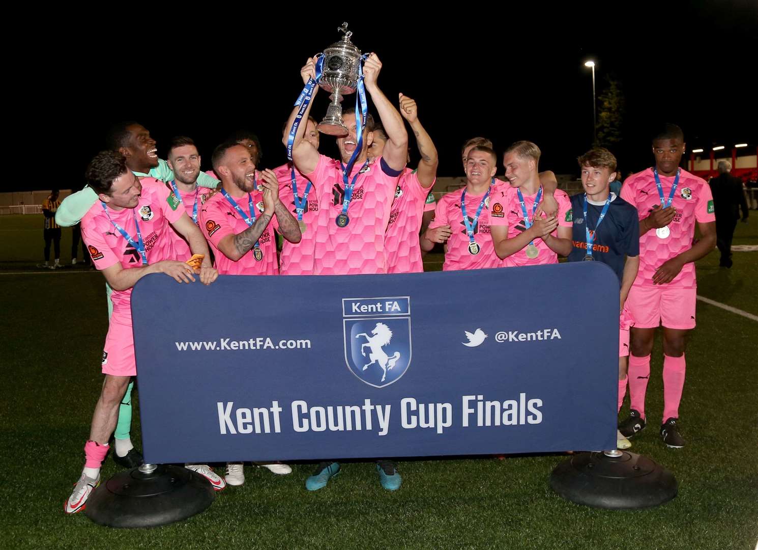 Dartford skipper Tom Bonner lifts the Kent Senior Cup Picture: PSP Images