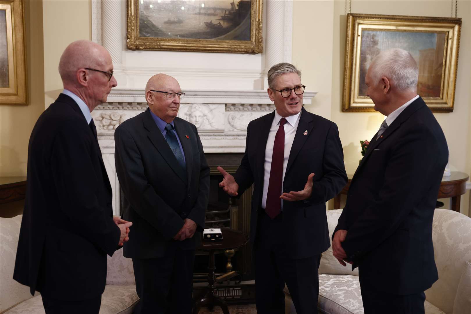 Prime Minister Sir Keir Starmer (second right) and Chancellor of the Duchy of Lancaster Pat McFadden (left) with Elizabeth Emblem campaigners Bryn Hughes (right) and Paul Bone (second left) in 10 Downing Street (Benjamin Cremel/PA)