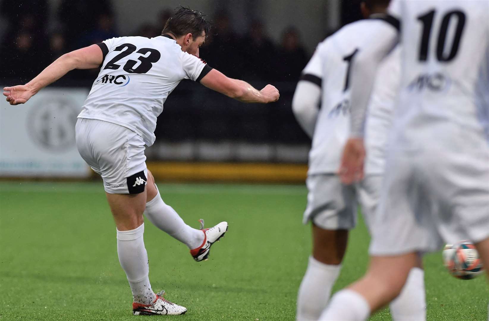 Sam Hasler scores for Faversham with a long-range free-kick. Picture: Ian Scammell