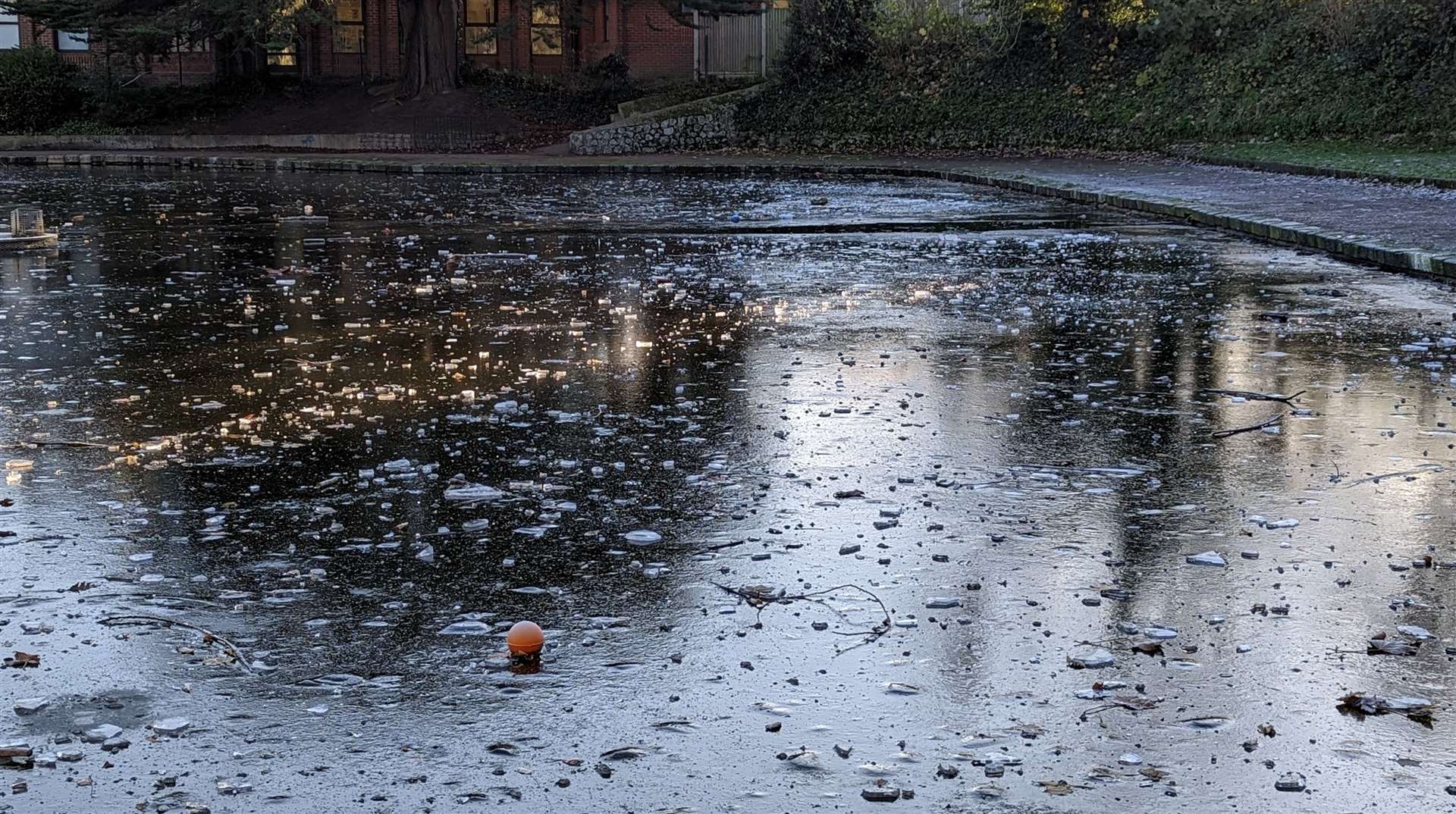 The frozen lower pond at Radnor Park in Folkestone - where kids have been seen playing