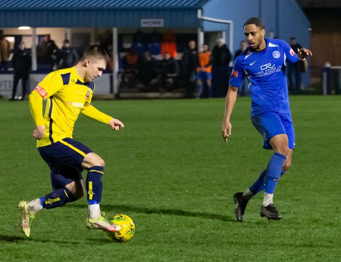 Callum Watts on the ball during Whitstable's 2-1 Velocity Trophy victory at Herne Bay on Tuesday. Picture: Les Biggs