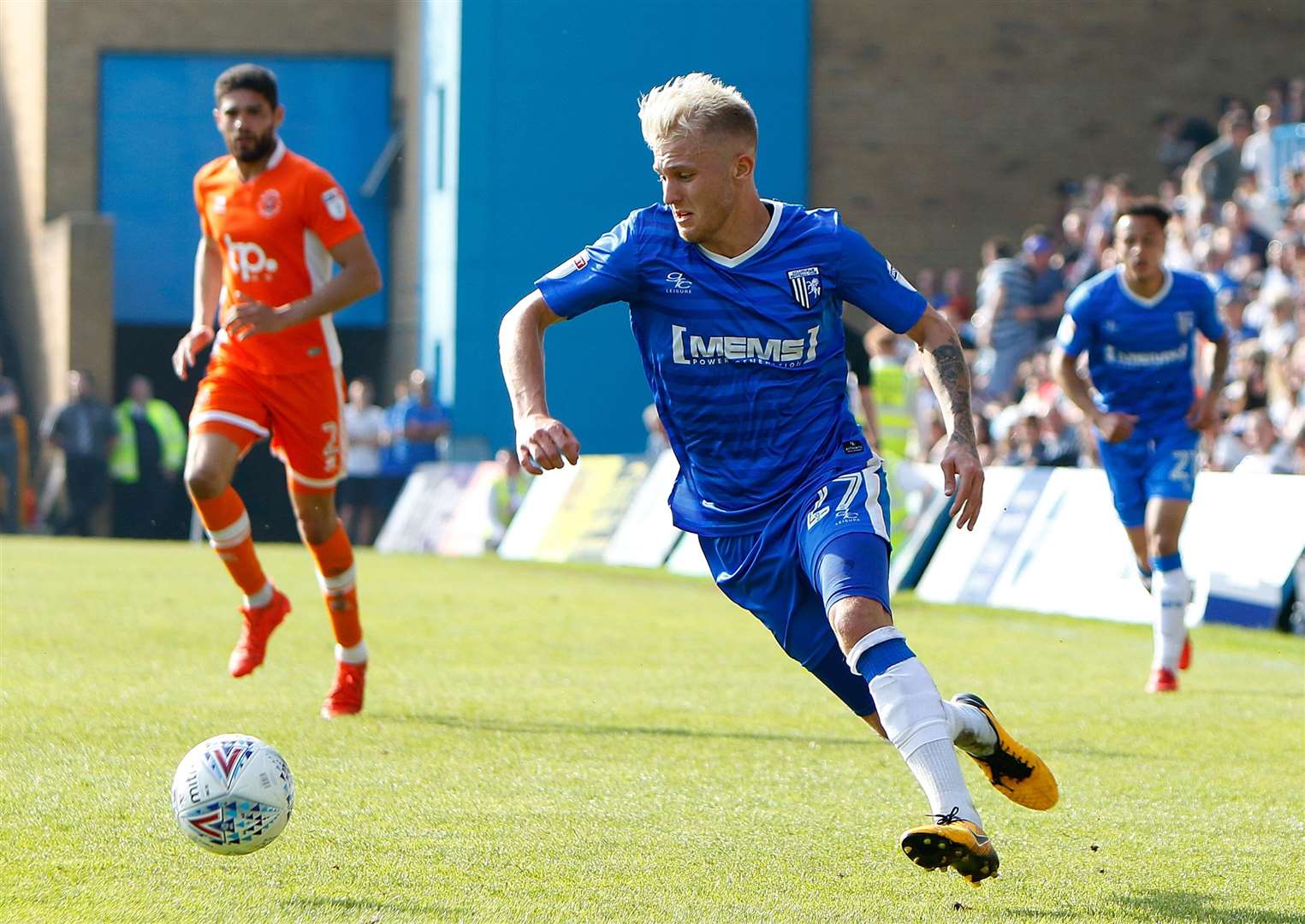 Liam Nash takes the game to the Tangerines.Picture: Andy Jones