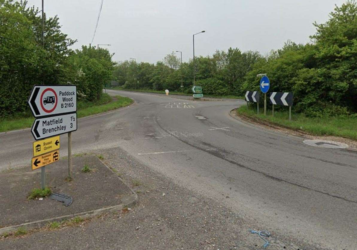 The car overturned at the Blue Boys Roundabout on the A21 Hastings Road, Tunbridge Wells. Photo: Google Maps