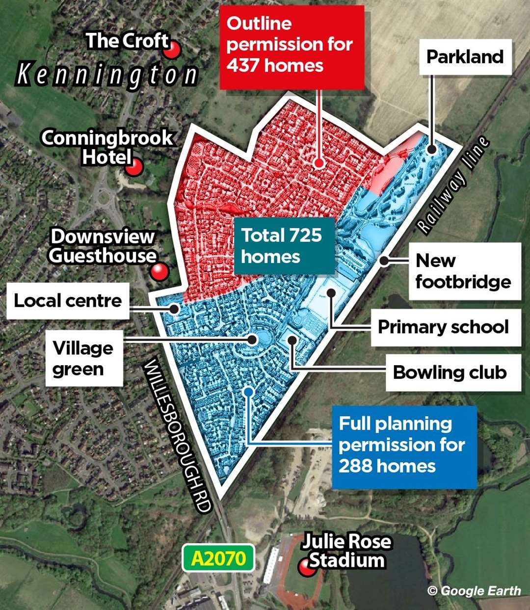 An overview of the Conningbrook Park site, showing which area has been fully approved and which has been allowed in principle