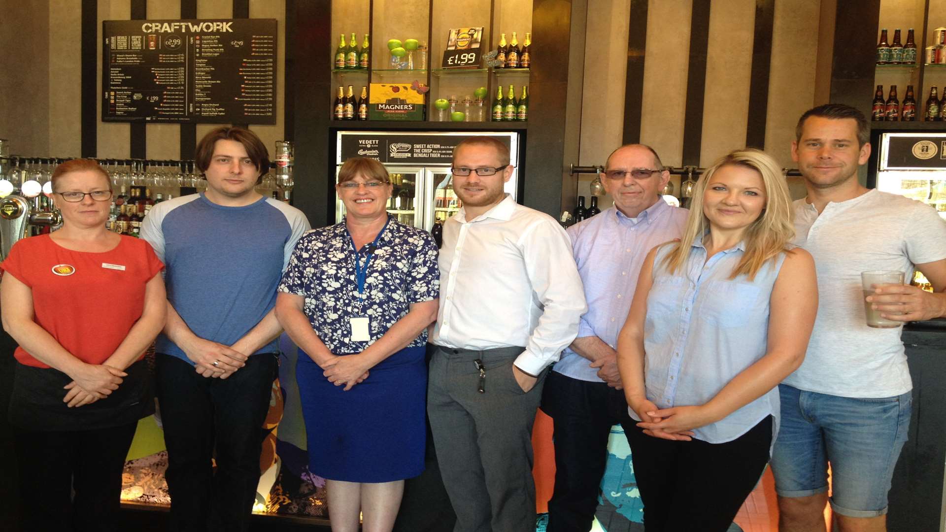 A selection of Pubwatch members Trudi Adams, Richard Harris, Ben Winslade, Paul Blair, Anna Murray and Chris Vidler with DPAC co-ordinator Karen Griffiths