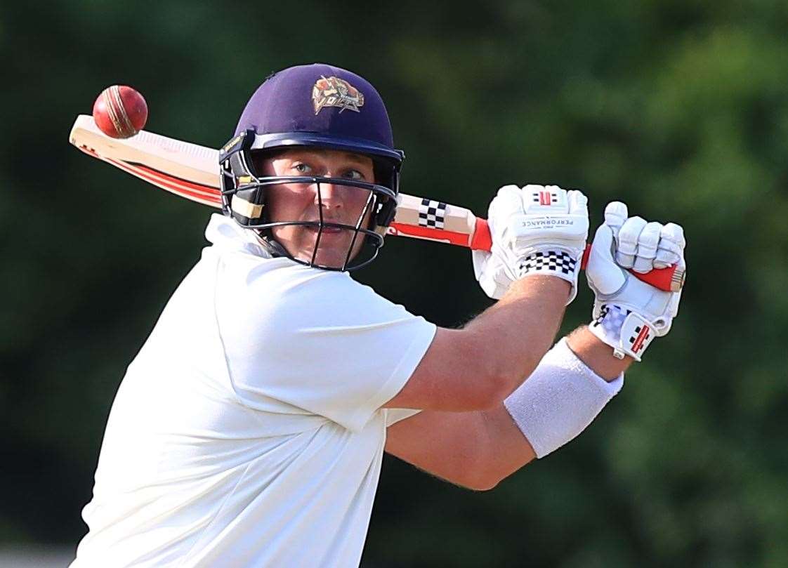 Captain Jarryd Taig batting for Canterbury on their way 56 from 47 balls in a rain-reduced Kent League Premier Division defeat at leaders Minster on Saturday. Picture: Gary Restall