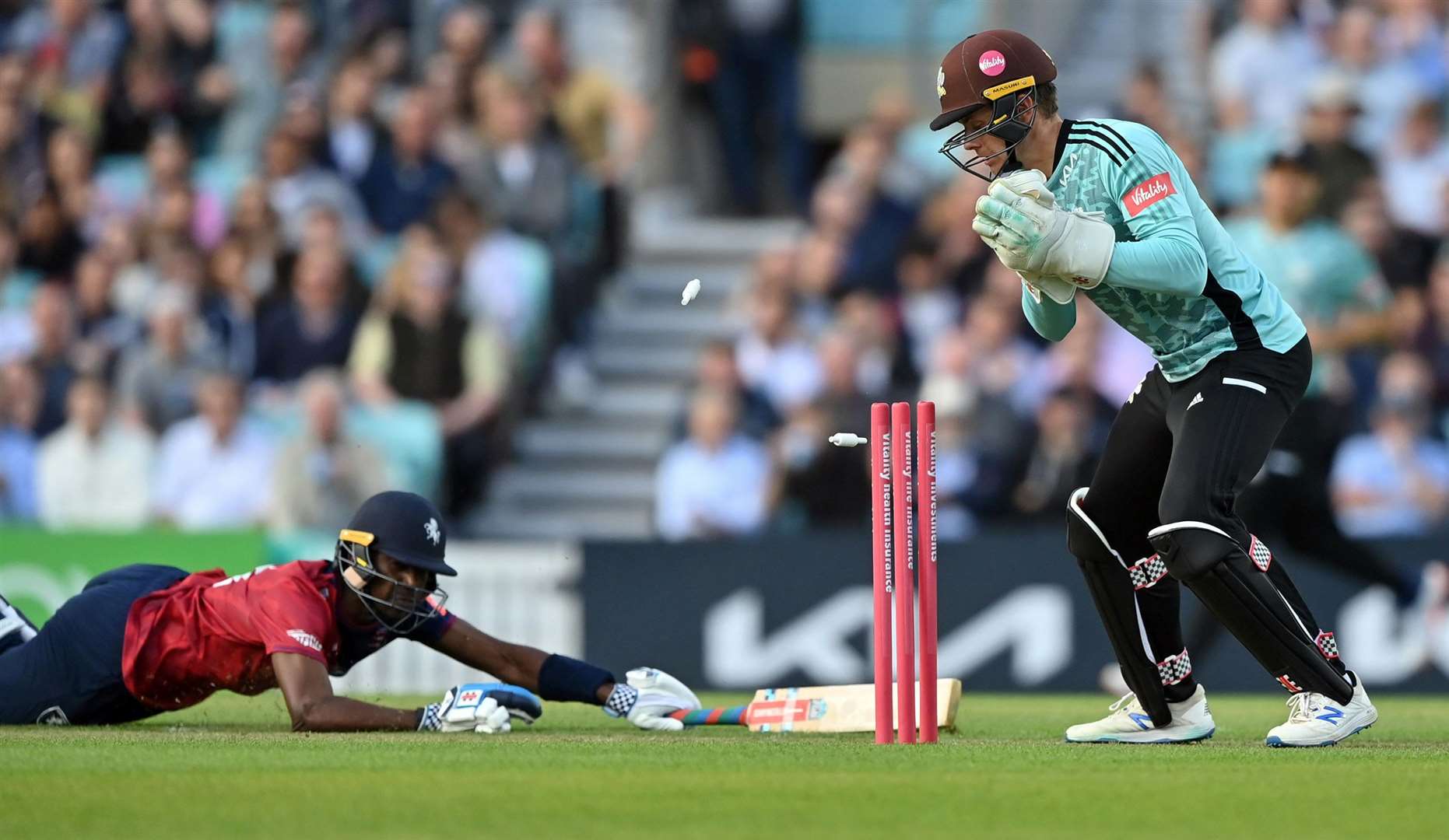 Tawanda Muyeye is run out by Jamie Smith. Picture: Keith Gillard