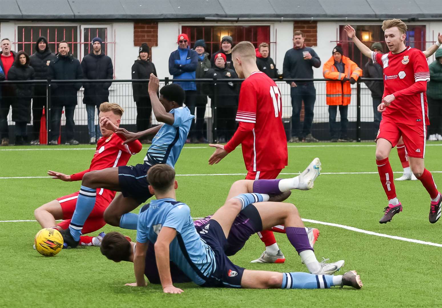 James Jeffery (grounded) scores Whitstable's late equaliser against Lordswood. Picture: Les Biggs