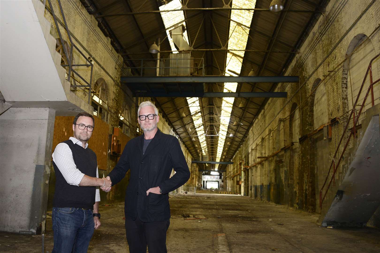 Quinn Estates MD Huw Evans and Jeremy Rainbird from the TCDICo inside one of the sheds