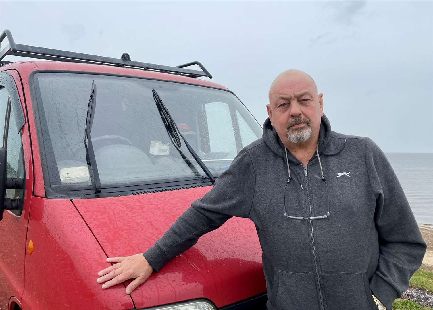 Jim Smart, from Sheerness, parks up on the Shingle Bank beach in Minster to sit by the sea and play his piano