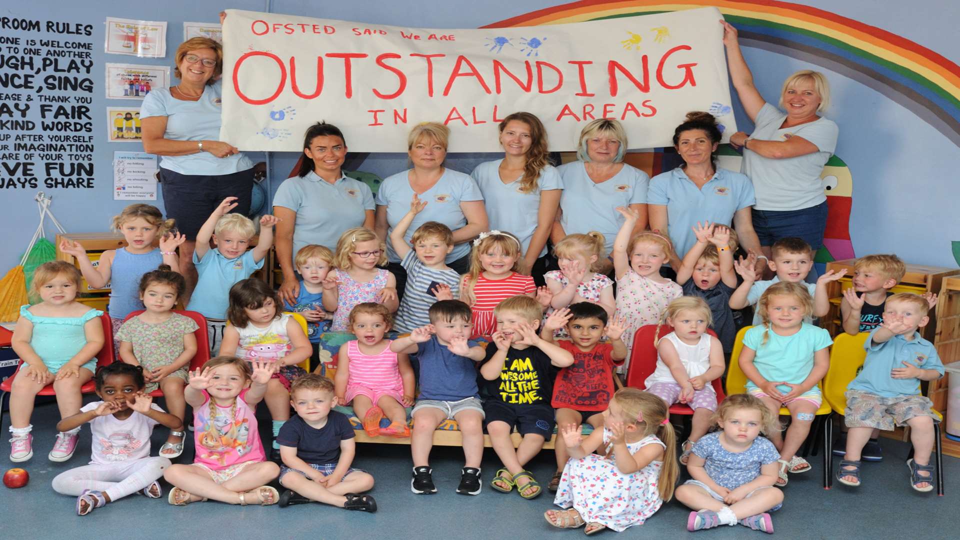 From left, Debbie Cooke, manager, Natalie Jordan, Dominique Smith, Jemma Sidney, Cheryl Claridge, Tanya Jarvis, Sue Jacobs, manager, with the children