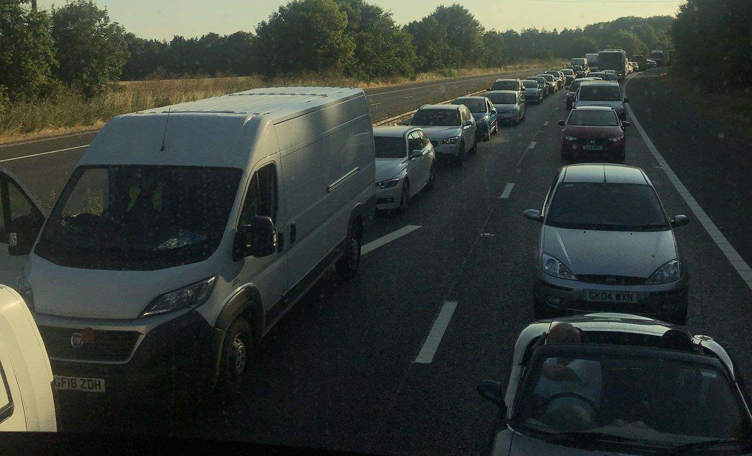 Delays stretch back five miles on the M2. Picture: Brad Hobbs