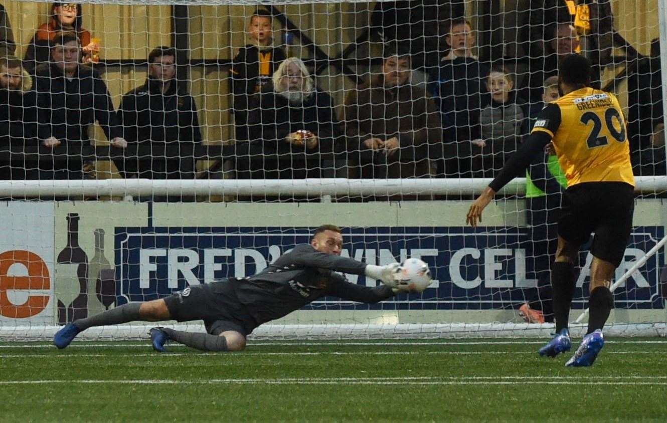 Ryan Sandford at full stretch in Maidstone's 0-0 draw with Oldham last month. Picture: Steve Terrell