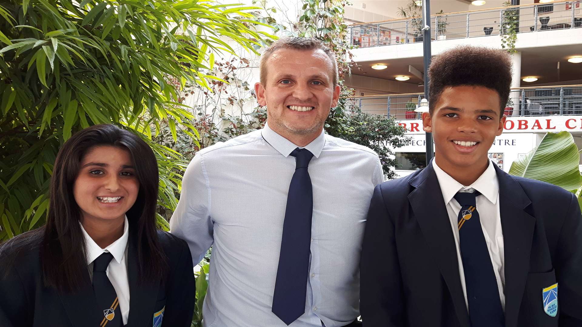 Vice principal Stuart Lindars, with pupils Noah Joseph and Amrita Kaur-Atwal