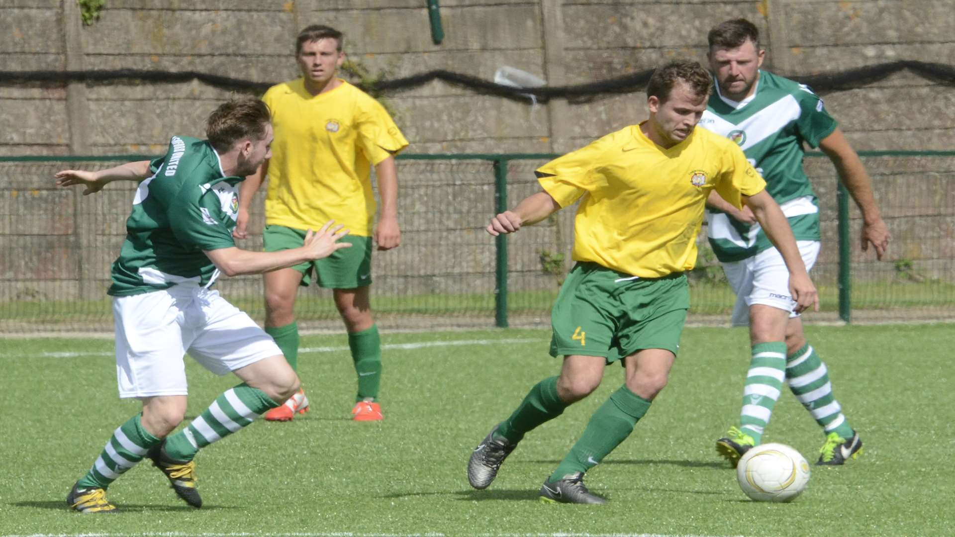 Ashford United (green) play Corinthian in last season's FA Cup. The Bostik South newcomers return to the FA Trophy in 2017/18