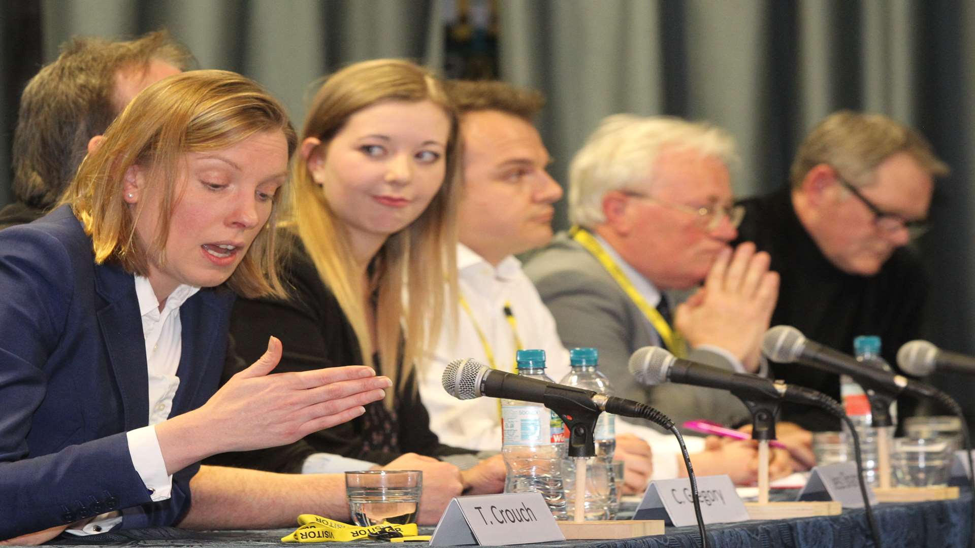 Tracey Crouch, Conservative MP, Clive Gregory, Green Party Parliamentary candidate, Jess Sharp MC, Tristan Osborne, Labour Candidate, David Thornewell Liberal Democrat councillor and Ian Wallace donor for UKIP at a Question Time styled forum held at Walderslade Girls's School