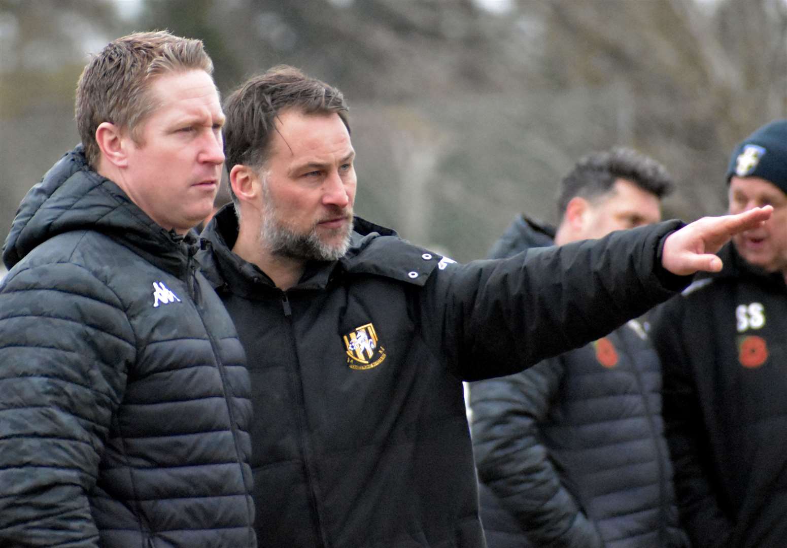 Folkestone joint-head coaches Roland Edge and Micheal Everitt confer. Picture: Randolph File