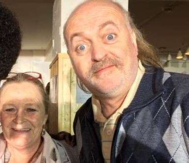 Manager Sandra Hassan with Bill Bailey during filming for Idris Elba's Sky comedy In The Long Run