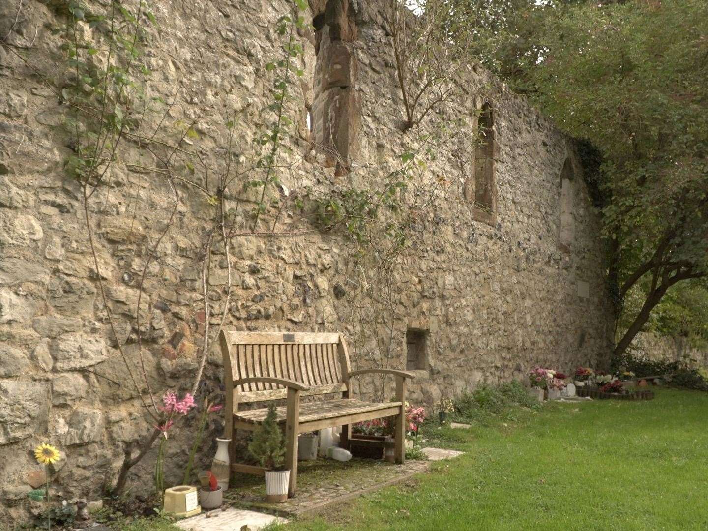 The growth of plants and foliage through the wall is most evident in the graveyard of St John the Baptist Church