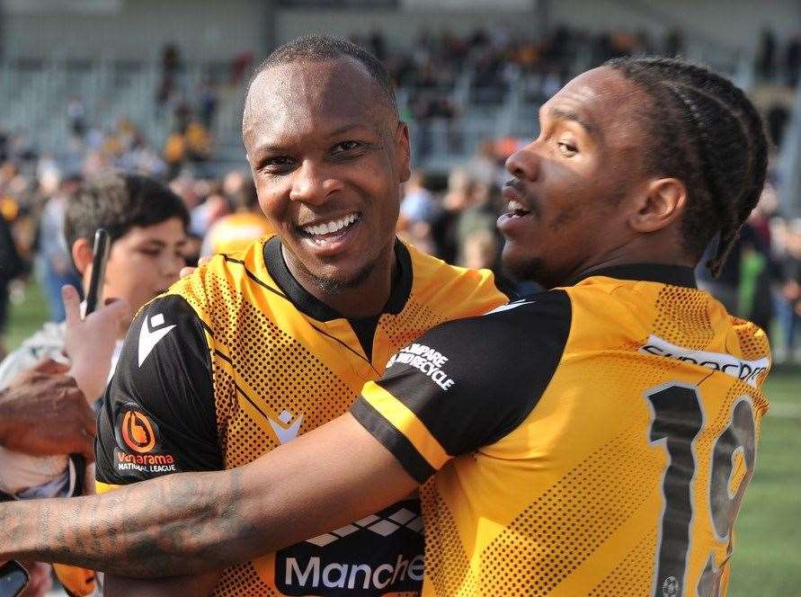 Gavin Hoyte, here with TT Walters, will lift the National League South trophy alongside George Elokobi Picture: Steve Terrell