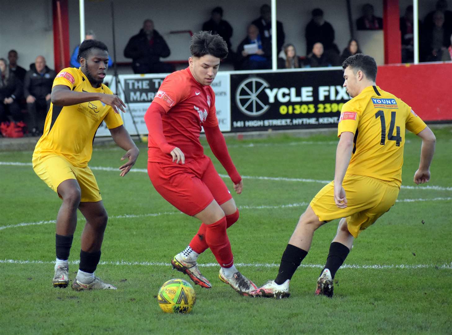 Tyler Sterling in action for Hythe against Herne Bay this season Picture: Randolph File