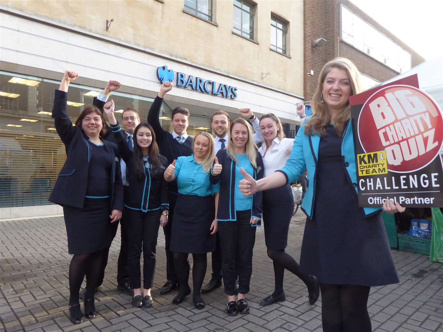 Rebecca Hadley and staff from Barclays announce their support of the Canterbury KM Big Charity Quiz