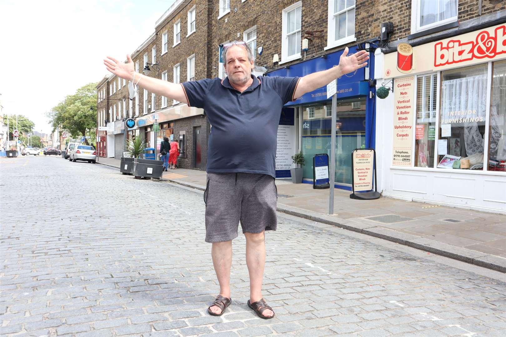 David Schwab of Bitz and Bobs protestesing about pedestrianisation in Sheerness High Street. Picture: John Nurden