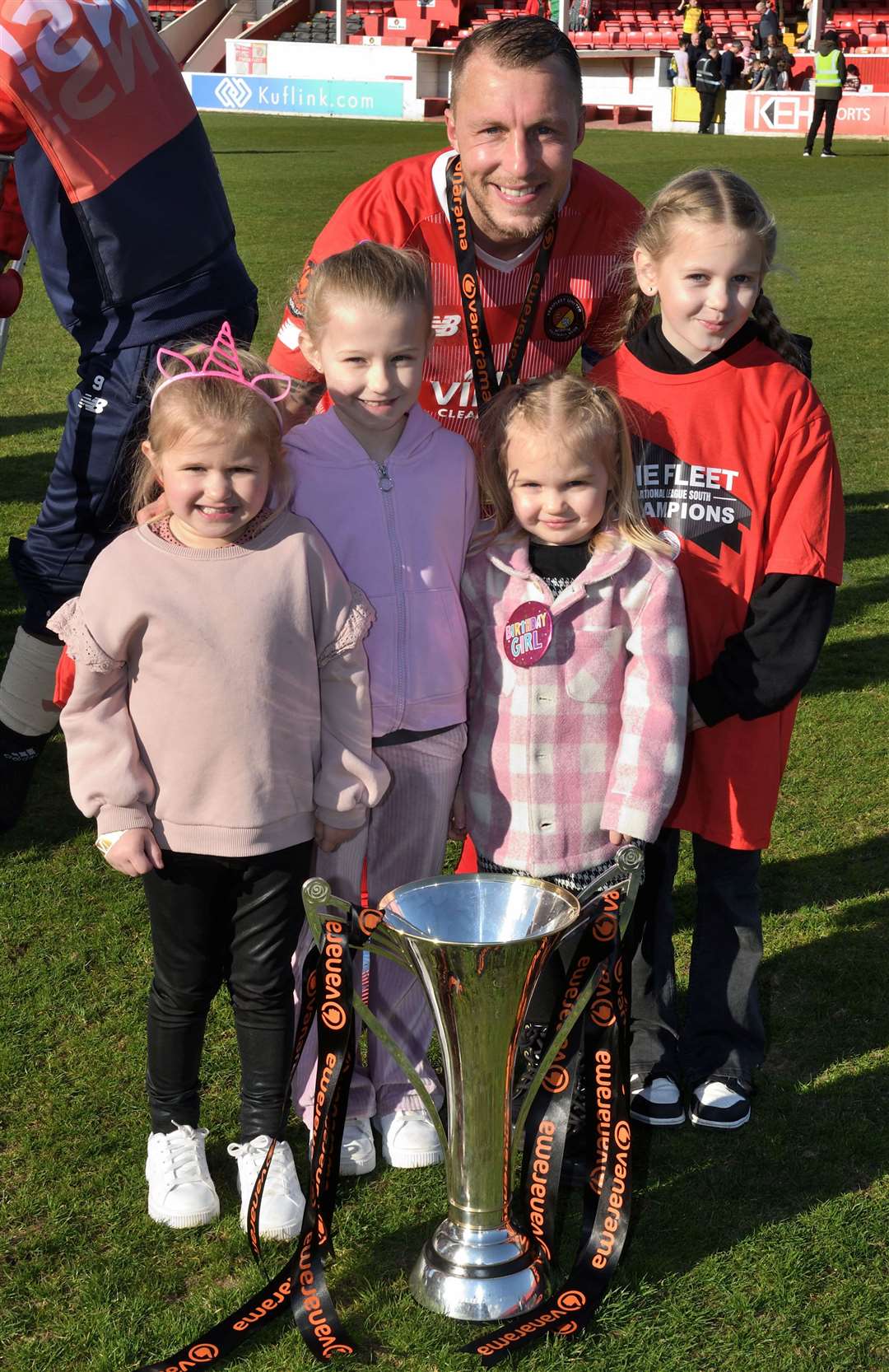 Chris Solly celebrates Ebbsfleet’s National League South title success. Picture: Simon Hildrew